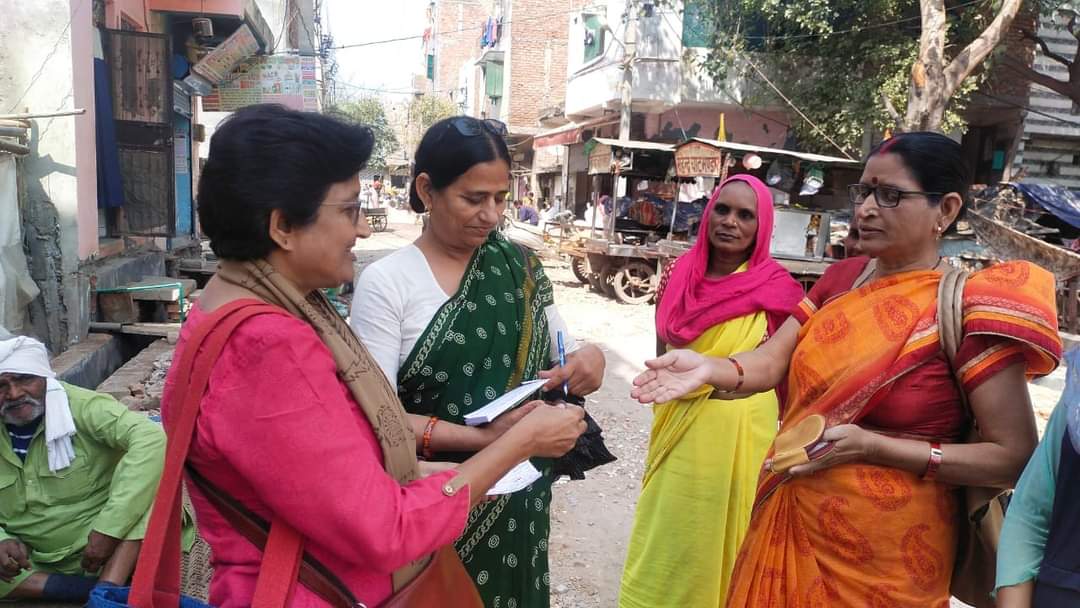 AIDWA General Secretary Mariam Dhawale on membership drive in A Block Shahbaad Dairy . 103 members were enrolled in two hours. 